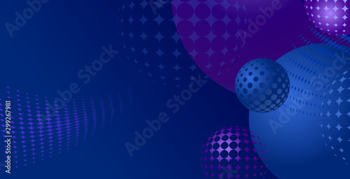 Abstract futuristic background for business and websites. Technology, communication, Internet. Space objects, planets and galaxy. Particles, spheres, circles and halftone. Dark blue and purple.