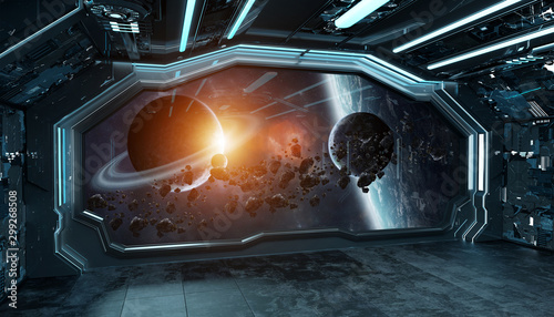 Fototapeta Naklejka Na Ścianę i Meble -  Dark blue spaceship futuristic interior with window view on space and planets 3d rendering
