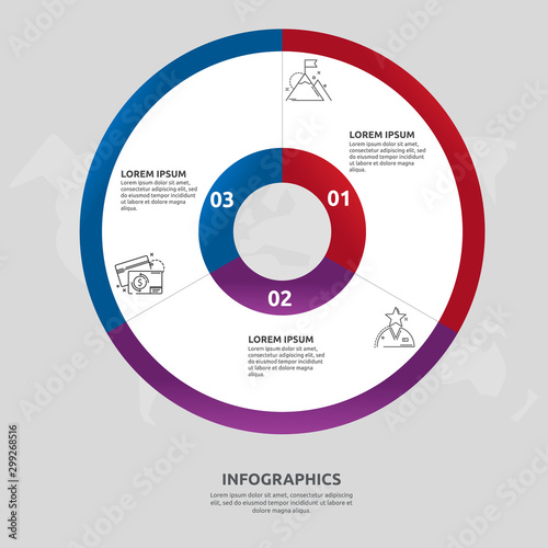 Vector flat template circle and sector infographics. Business concept with 3 sectors. Three steps for content, flowchart, timeline, levels, marketing, presentation, graph, diagrams, slideshow