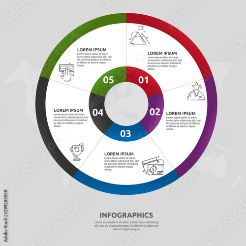 Vector flat template circle and sector infographics. Business concept with 5 sectors. Five steps for content, flowchart, timeline, levels, marketing, presentation, graph, diagrams, slideshow
