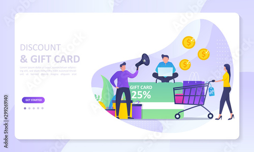 Discount & Gift Card concept design, people getting cash rewards and gift from online shopping, Suitable for web landing page, ui, mobile app, banner template. Vector Illustration
