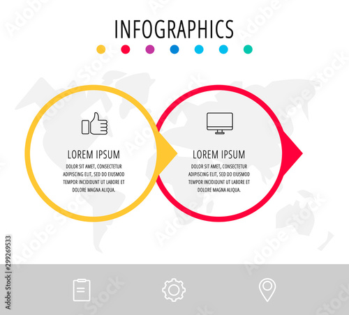 Vector infographic flat template. Circles with arrow for two diagrams, graph, flowchart, timeline, marketing, presentation. Business concept with 2 labels