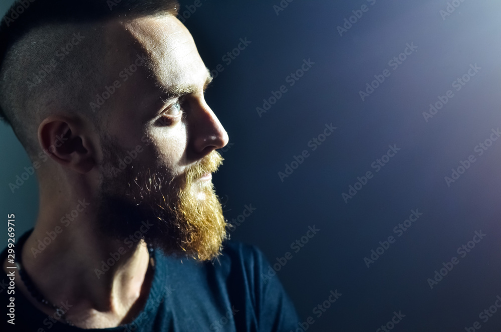 Portrait profile bearded man. Mature hipster with beard. Male fashion.  brutal hipster with moustache. Facial care. serious man. Cool and sexy.  Confident in his style. Hip and stylish. copy space. Stock Photo