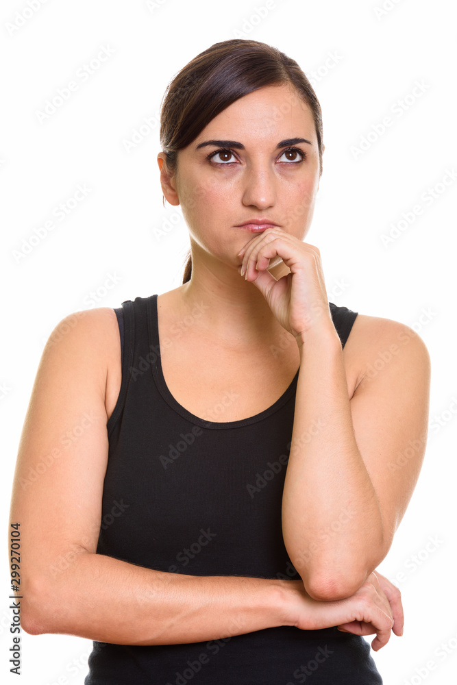 Close up of beautiful woman thinking while looking up Close up of beautiful woman thinking while looking up