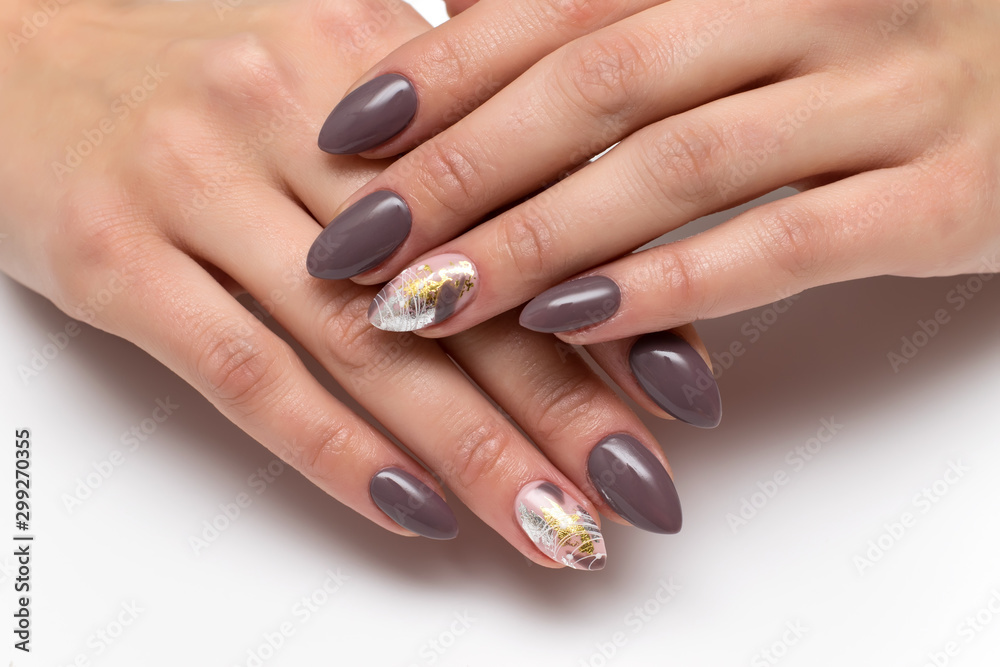 Fashionable grey blue manicure on square shaped nails.Nail art with  rhinestones on a light background with decoration. Stock Photo | Adobe Stock