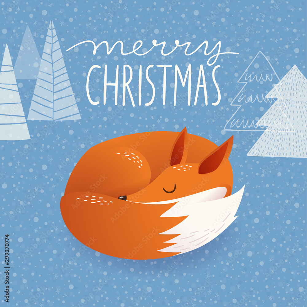 Fototapeta premium Christmas vector greeting card with cartoon sleeping fox