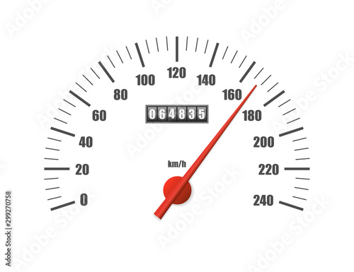 Realistic speedometer isolated on white background. Sport car odometer with motor miles measuring scale. Racing speed counter. Engine power concept template. Vector illustration