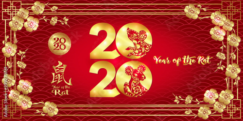 Concept, template for greeting card or envelope for money with Chinese New Year symbols in red and gold. Year of the rat 2020. Chinese hieroglyphs means Year of the rat. Vector illustration