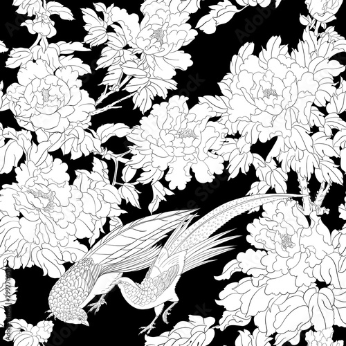 Peony tree branch with flowers with pheasants in the style of Chinese painting on silk. Seamless pattern, background. Vector illustration. Outline hand drawing. On sky blue background..