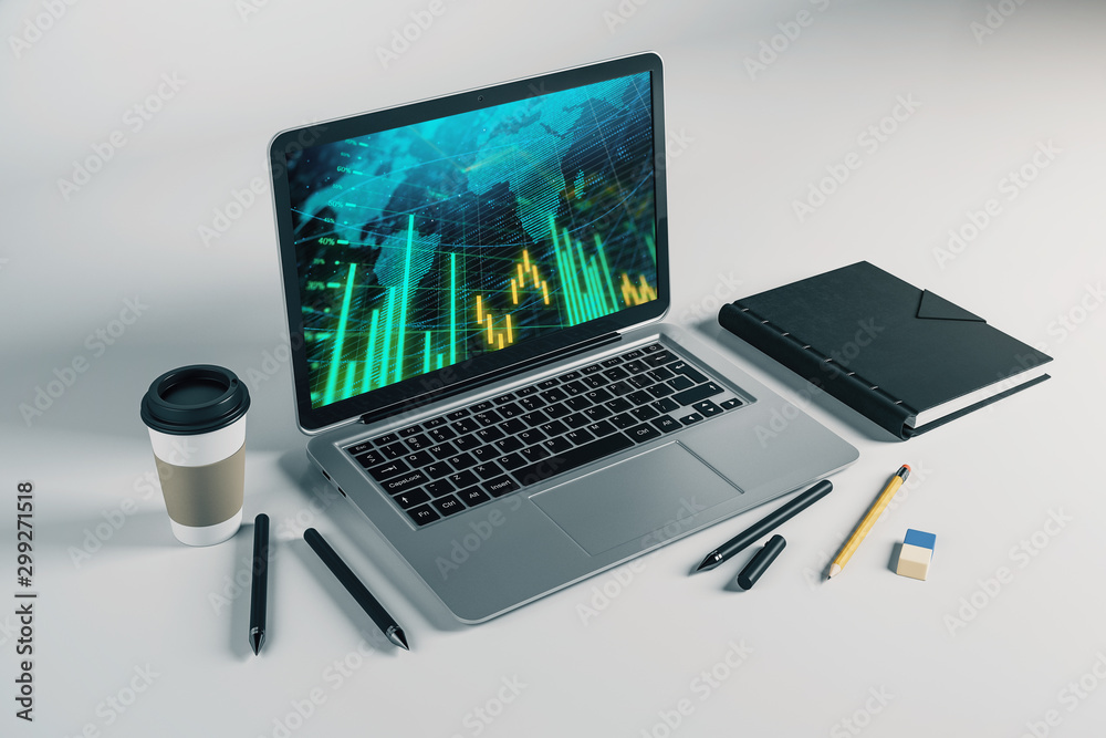 Laptop closeup with forex graph and world map on computer screen. Financial trading and education concept. 3d rendering. Laptop closeup with forex graph and world map on computer screen. Financial trading and education concept. 3d rendering.