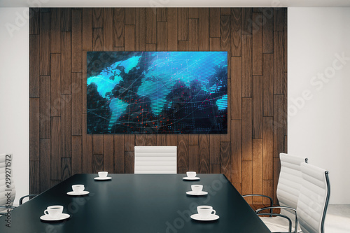 Conference room interior with world map on screen monitor on the wall. International market concept. 3d rendering.