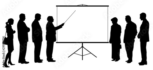 Man coach consultant with pointer stick showing presentation on projection screen to business people group. Businessman manager teacher boss executive leader giving presentation to colleagues team.