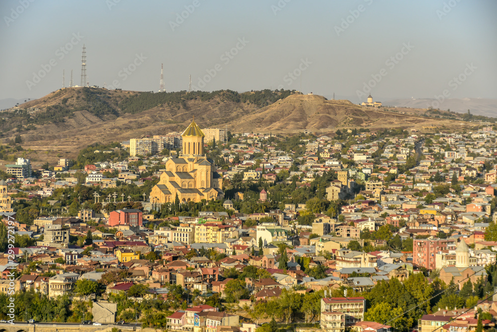 Old Tbilisi, Tbilisi, Georgia, October 17, 2019, Arial view of Tbilisi from Medieval castle of Narikala and Tbilisi city overview, Republic of Georgia, Caucasus region