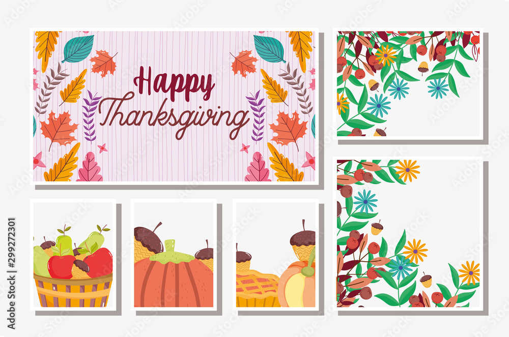 thanksgiving cards set food and foliage leaves season