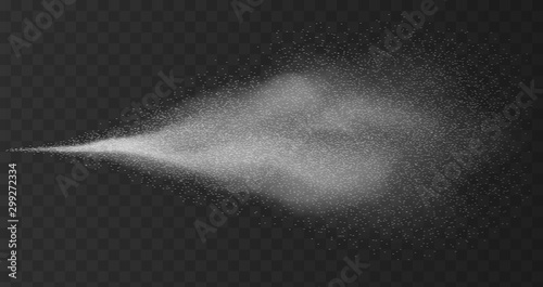 Realistic water spray effect isolated on transparent background. Atomizer, fog, cosmetic mist effect. Vector illustration.