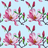 seamless pattern with pink Magnolia flowers. watercolor Botanical