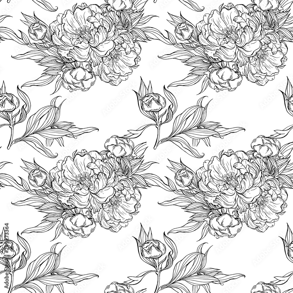 Fototapeta premium seamless pattern with colors of graphic peony. Botanical sketches