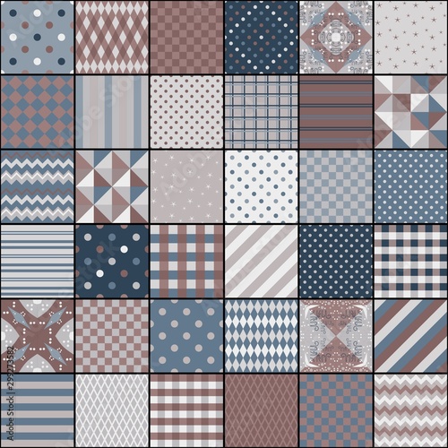 Quilting design from square patterns with different geometric ornaments. Vintage style. Seamless patchwork pattern.