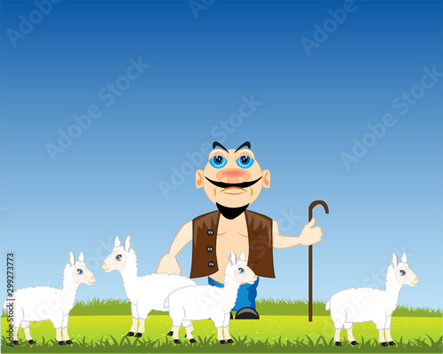 Man shepherd with sheep on year glade