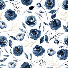 Acrylglasbilder Blau-weiße Muster Marineblaue Rosen in Aquarelltechnik  © Larisa