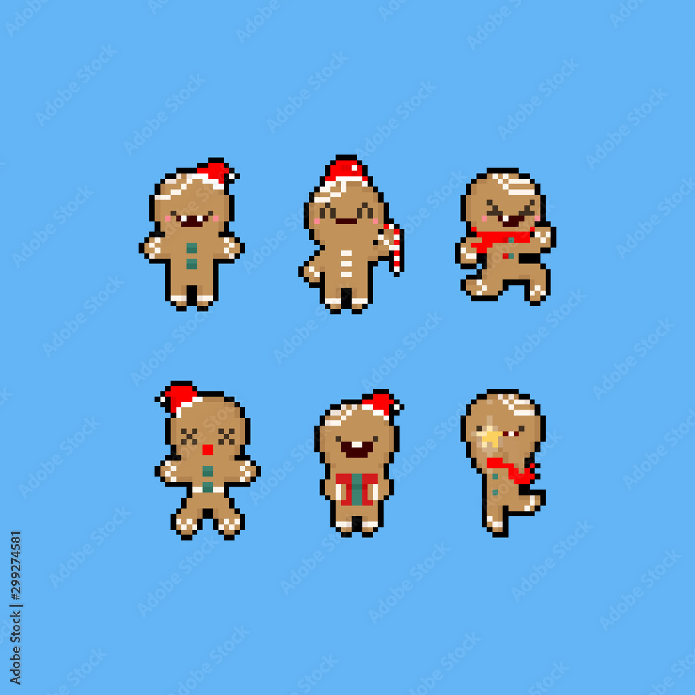Pixel art cartoon ginger bread character set. Pixel art cartoon ginger bread character set.
