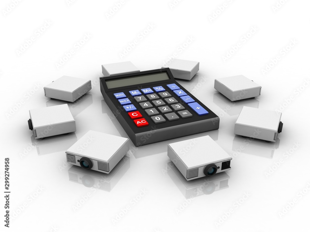 3d rendering Home Cinema Entertainment Full HD Projector with calculator 3d rendering Home Cinema Entertainment Full HD Projector with calculator
