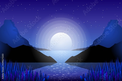 Starry night sky with mountain and moonlight landscape