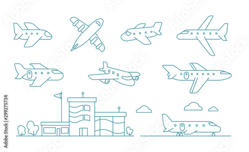 Airplane set. Airport planes. Runway. Different aircraft. Contour blue line vector.