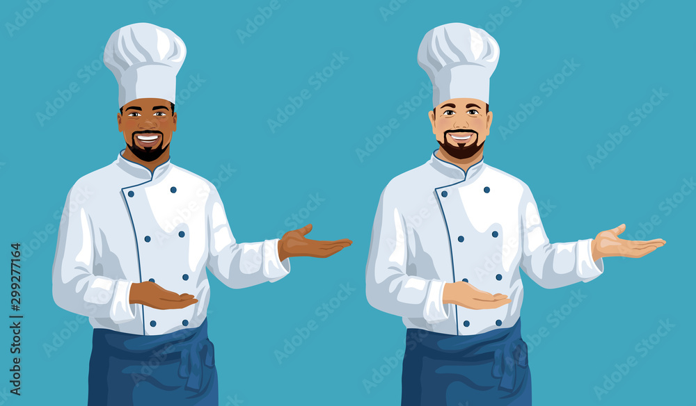 Vector set of two chefs showing by hand. African American and Caucasian ethnicity middle aged smiling handsome cook men. Cartoon style illustration.