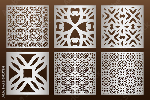 Laser cut panel set in arabic style, cabinet fretwork perforated screen templates . Ornamental panels template set for cutting exterior. Silhouette geometric pattern. Metal, paper or wood carving.