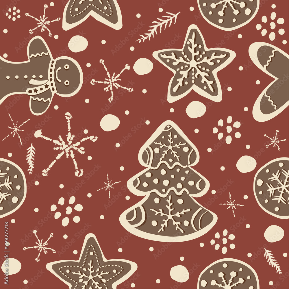 Cute Winter Seamless Pattern with gingerbread cookies. Cute Winter Seamless Pattern with gingerbread cookies.