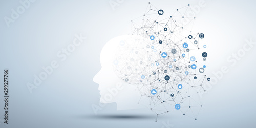 Machine Learning, Artificial Intelligence, Cloud Computing and Networks Design Concept with Human or Robot Face Silhouette, Icons and Polygonal Network Mesh