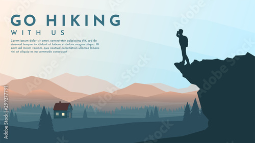 Traveler with backpack standing looking on valley with alone house. The guy watches nature. Travel concept of discovering, exploring and observing nature. Hiking. Adventure tourism. Website template