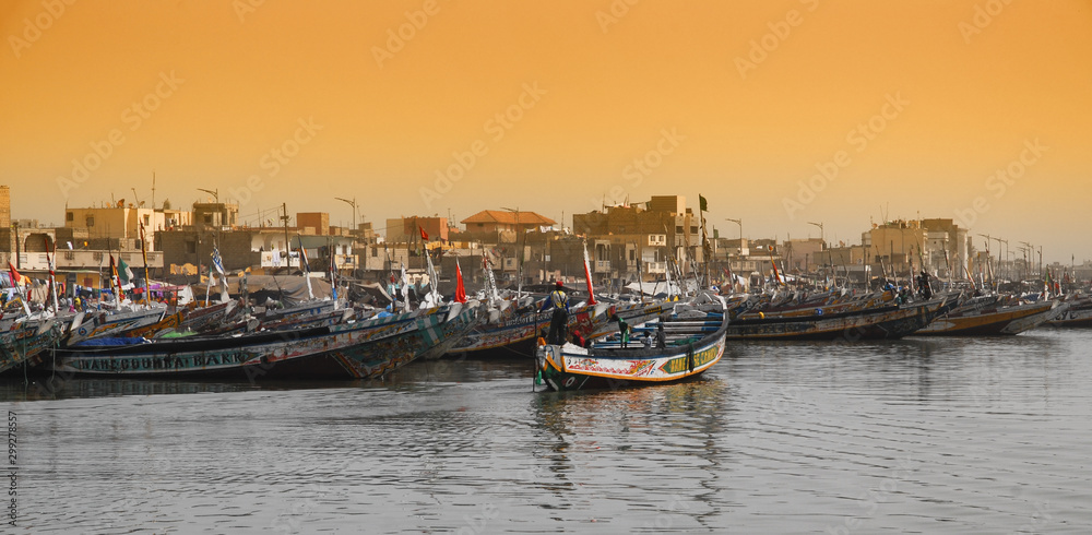 Fishing boats in  Senegal, called pirogue or piragua or piraga