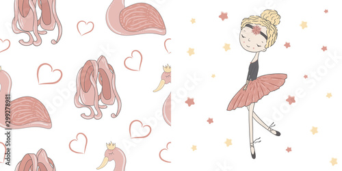 Girl ballerina in pink tutu with a ribbon in her hair dancer under the stars. Pink pointe shoes, heart and swan on white. Decorative seamless pattern on white.