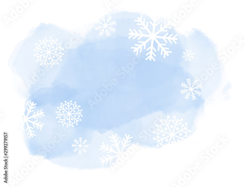 Abstract winter landscape on light blue watercolor spots with snowflakes on white background and copy space.