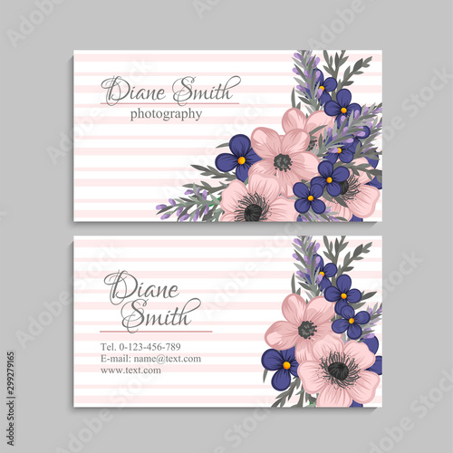 Dark blue business card template with pink flowers