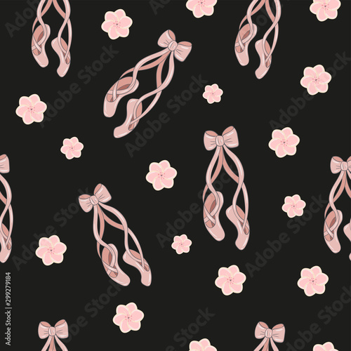 Pink ballerina pointe shoes on black. Decorative seamless pattern on black background.