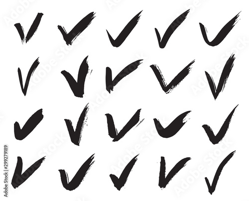 Check Mark Icons. Collection of 20 Black Hand Painted Ticks Isolated on a White Background. Vector Illustration