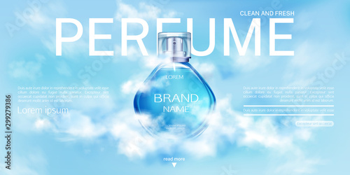 Perfume spray bottle in cloudy sky landing page mock up banner. Glass flask mockup on blue heaven background with clouds. Scent fragrance cosmetic product, promo ad Realistic 3d vector illustration