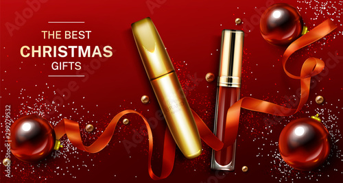 Mascara and lip gloss christmas cosmetics gifts mockup banner, liquid lipstick make up beauty product. Red and gold tubes on shiny xmas decoration background. Luxury promo poster realistic 3d vector
