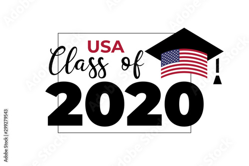 USA Class of 2020. Black number with education academic cap with United States of America flag. Template for graduation design, high school or college congratulation graduate. Vector illustration.