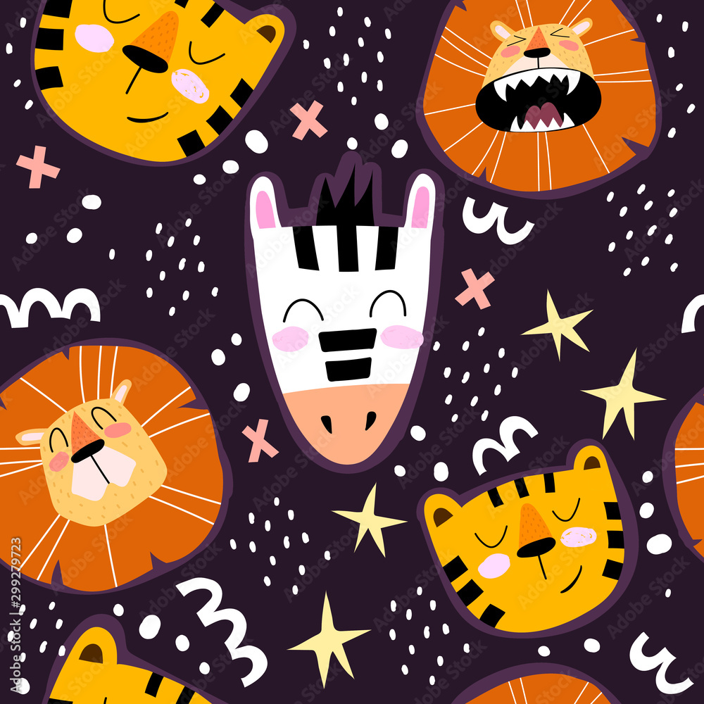  Seamless pattern with cute tigers, lions, zebras, stars, decor elements on a neutral background. Vector flat style for kids. hand drawing. animal theme. baby design for fabric, textiles, print, wrapp