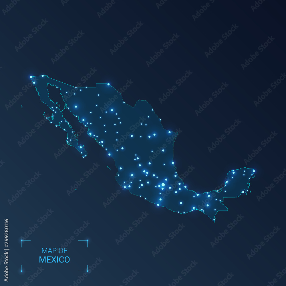Mexico map with cities. Luminous dots - neon lights on dark background. Vector illustration. - obrazy, fototapety, plakaty 