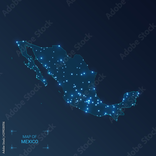 Mexico map with cities. Luminous dots - neon lights on dark background. Vector illustration.