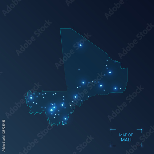 Mali map with cities. Luminous dots - neon lights on dark background. Vector illustration.