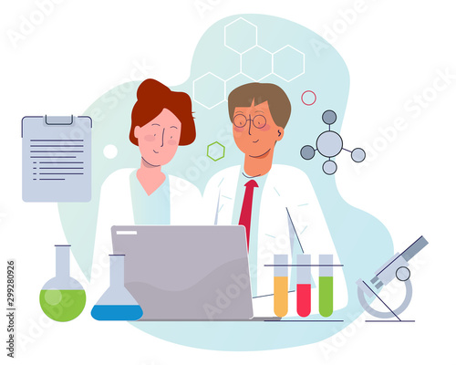 Two scientist working on lab wearing white laboratory uniform. Male and female working together with laptop microscope test tube chemistry