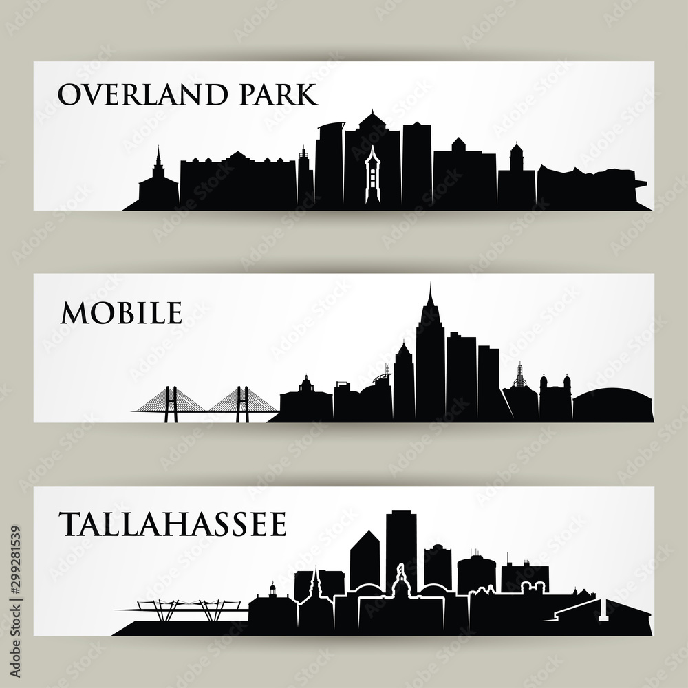 United States of America cities skylines - USA, Overland Park, Kansas, Tallahassee, Florida, Mobile, Alabama - isolated vector illustration