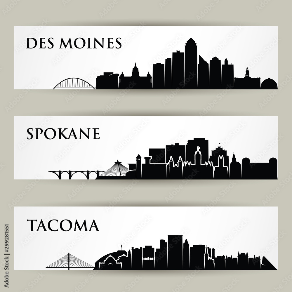 Fototapeta premium United States of America cities skylines - USA - Des Moines, Spokane, Tacoma, Iowa, Washington - isolated vector illustration