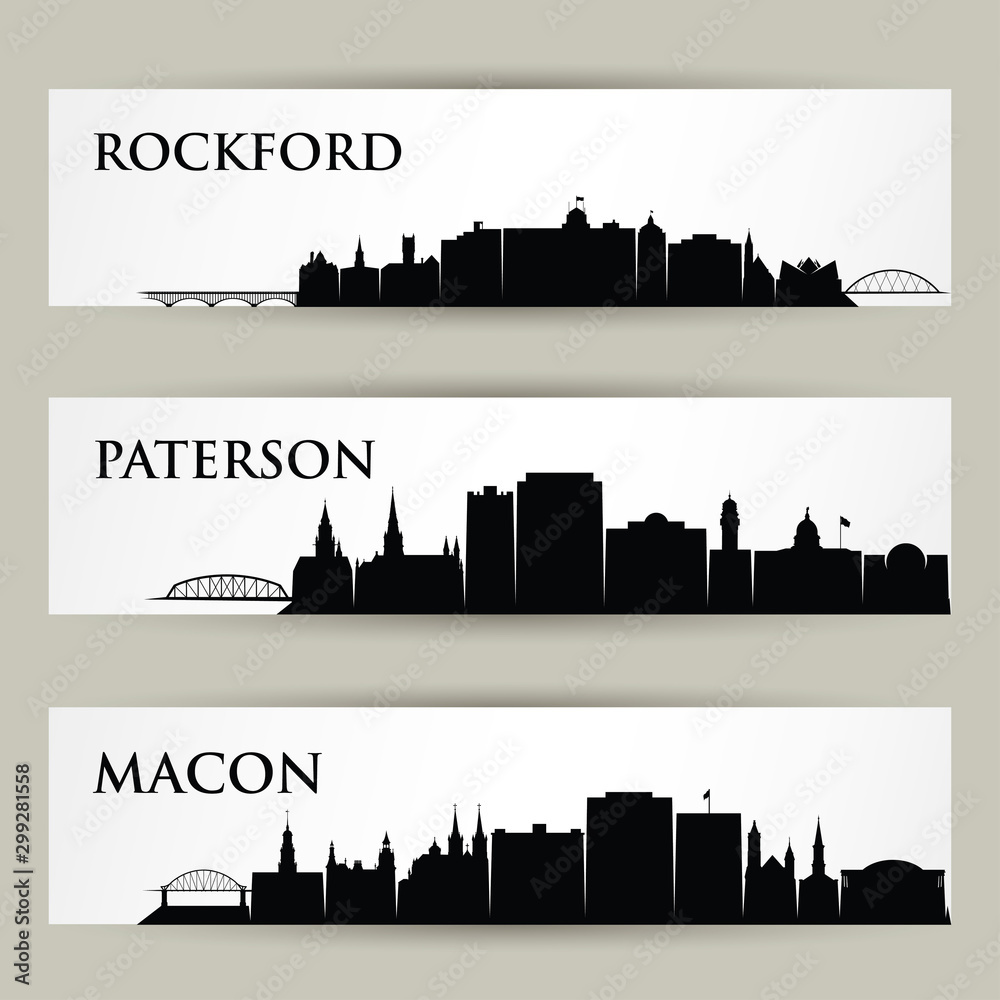 United States of America cities skylines - USA, Rockford, Illinois, Macon, Georgia, Peterson, New Jersey - isolated vector illustration